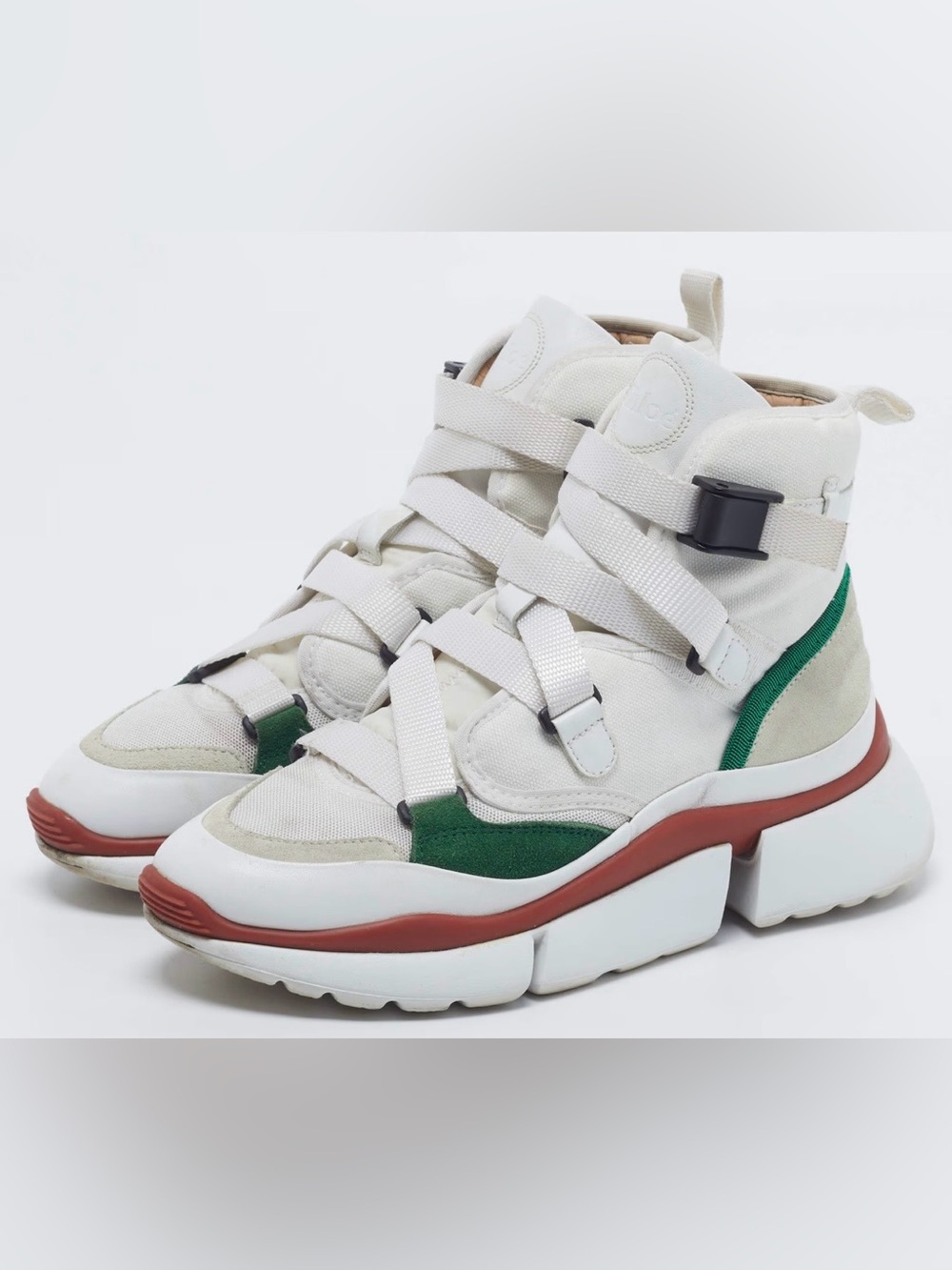 CHLOE Sonnie White & Green High-Top Sneakers with Strap Fasteners, 8.5 US, GUC